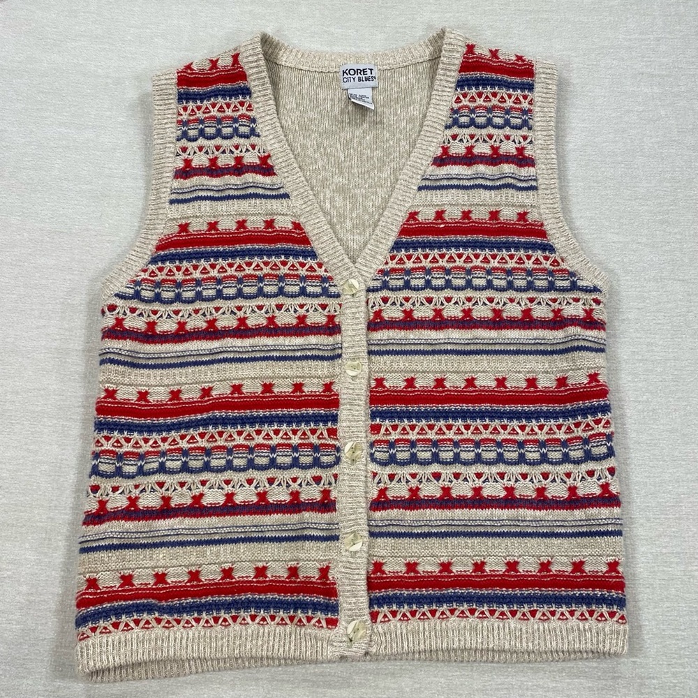 VTG Koret Knit Sweater Vest USA 🇺🇸 RWB red white blue beige knit texture button